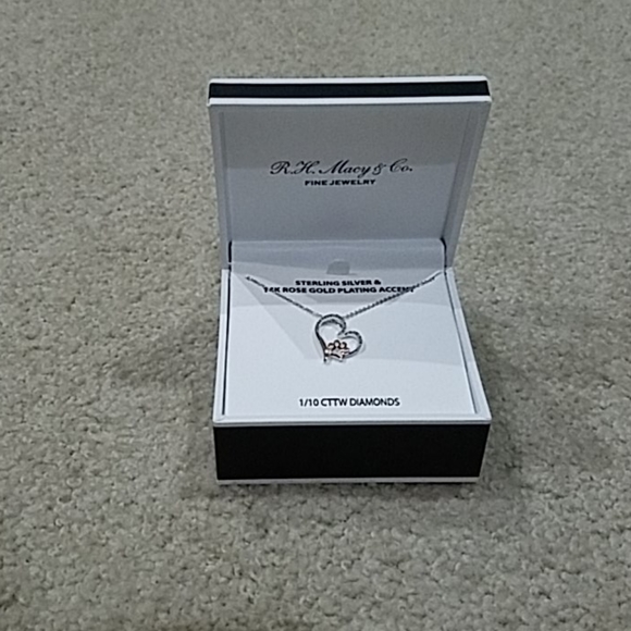 Sterling Silver Necklace Diamond Encrusted Heart & 14k Rose Gold Paw Pendant NWT - Picture 2 of 16